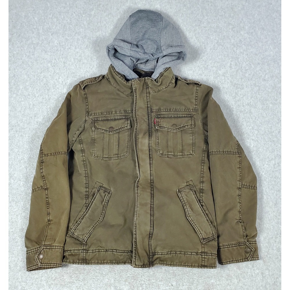 Levis Hooded Field Jacket Brown/Green Mens XS Canvas Sherpa Lined Military Coat